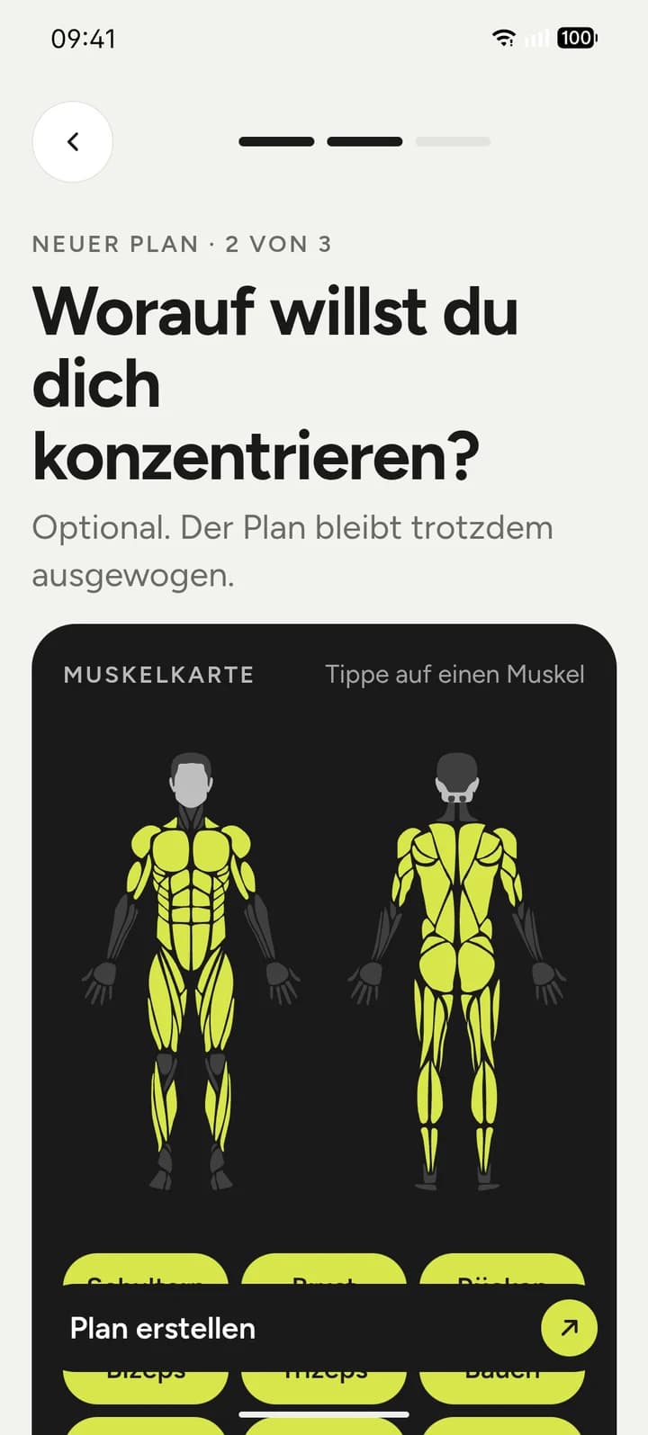 Hiptron App: Fokus. Auf der Muskelkarte antippen, worauf du dich konzentrieren willst.