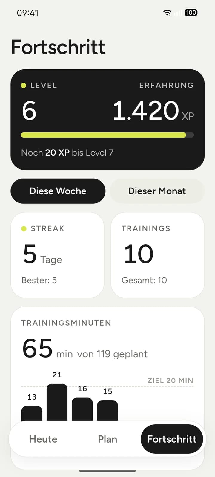 Hiptron App: Fortschritt. Level und XP, Streak, Trainings und Minuten pro Tag gegen das Ziel.