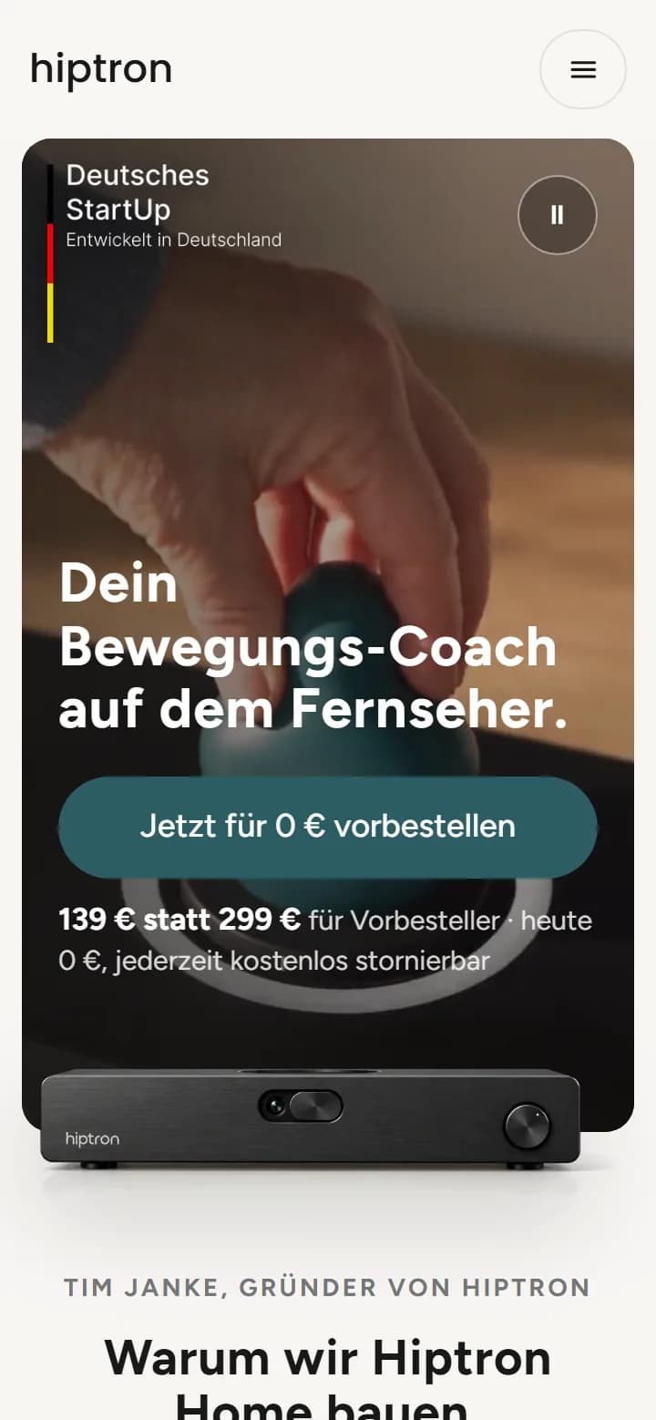 Hiptron-Home-Website auf dem Handy: Startseite mit Produktvideo