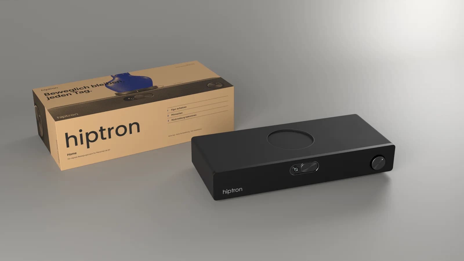 Blender-Rendering der Hiptron-Home-Verpackung mit Gerät