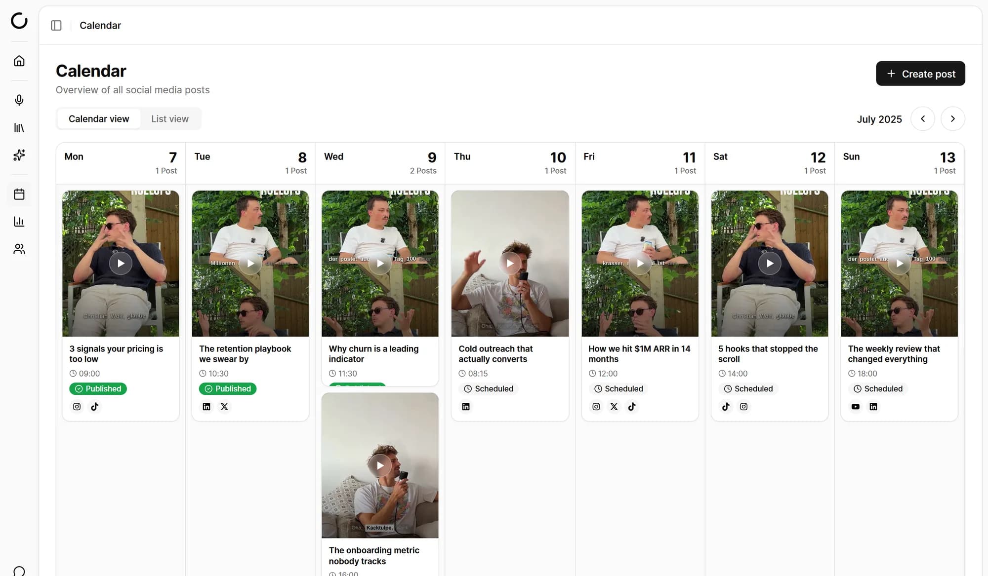 Loonacast-Demo: Wochenkalender mit geplanten Clips