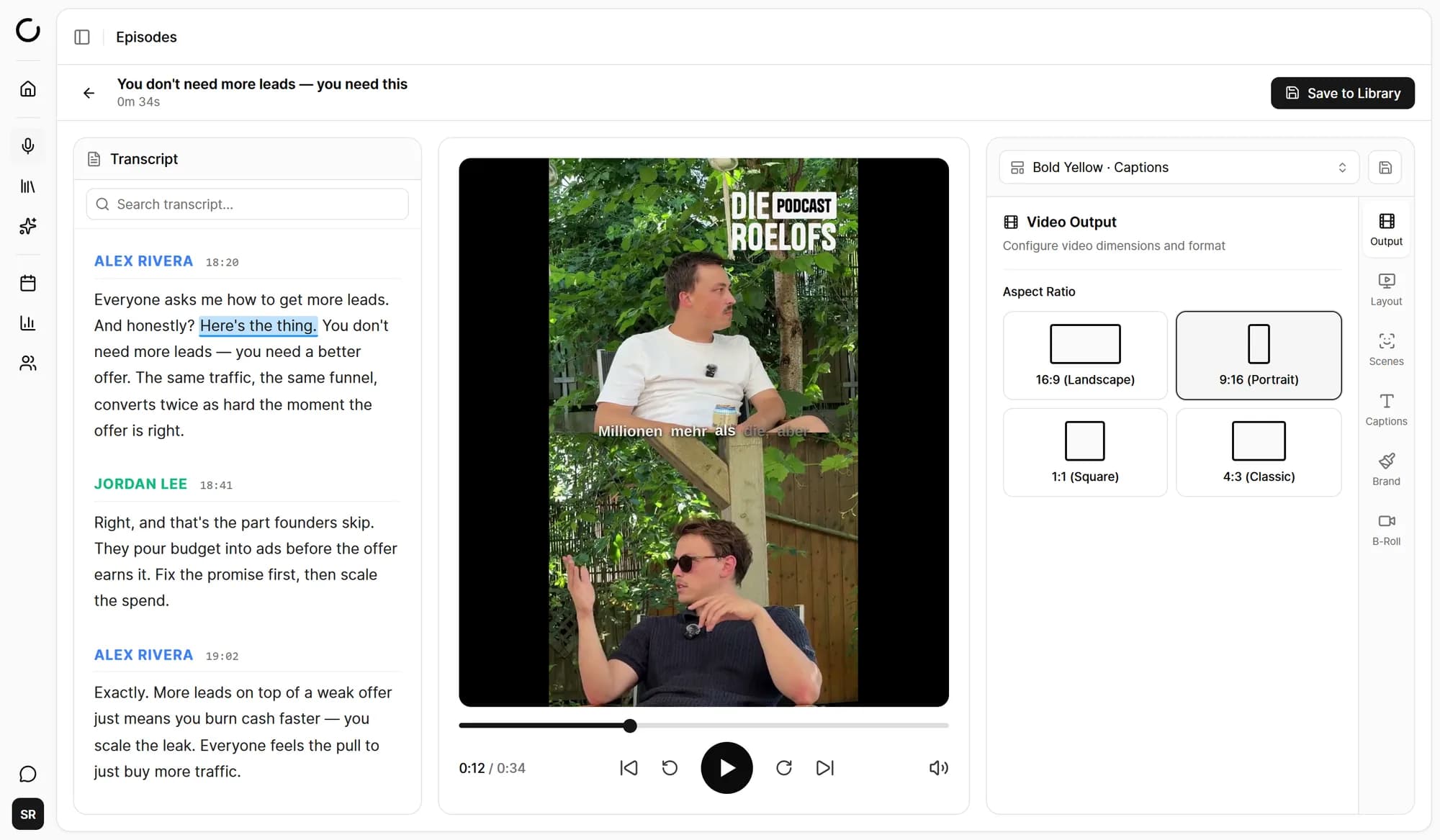 Loonacast-Demo: Studio mit Transkript, Hochkant-Vorschau und Formatauswahl