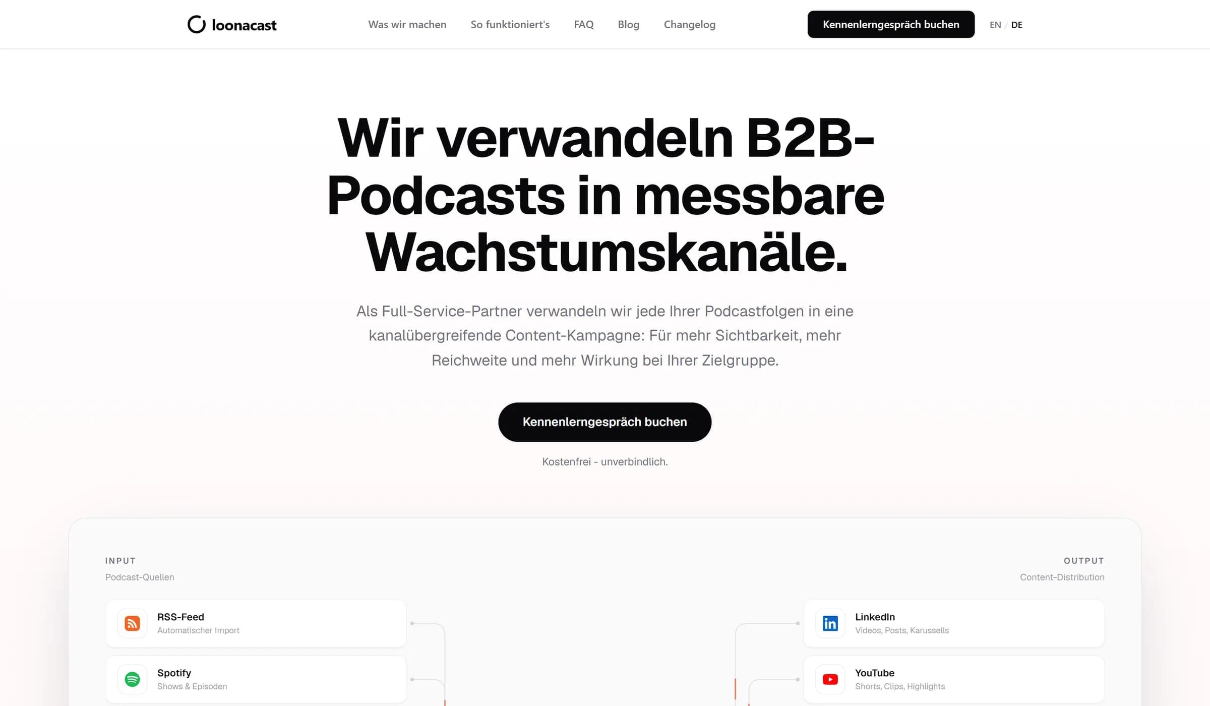 loonacast.com: Startseite mit Headline und Flow-Diagramm