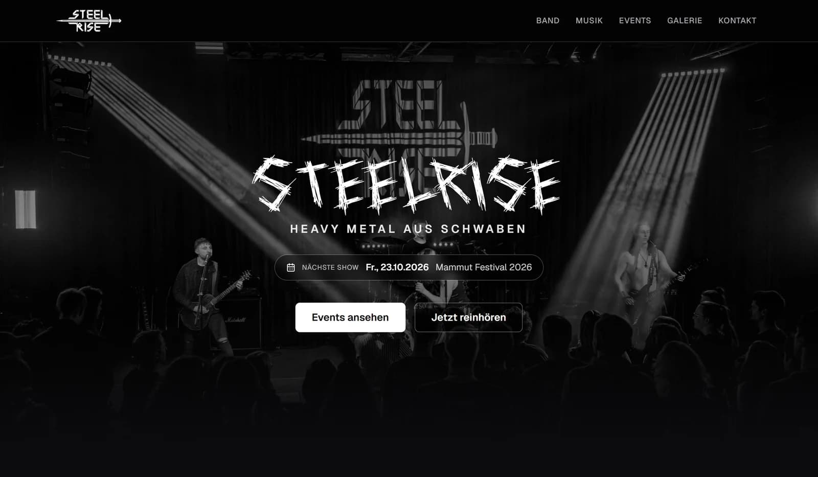Steelrise-Website: Startseite mit Live-Foto und nächster Show